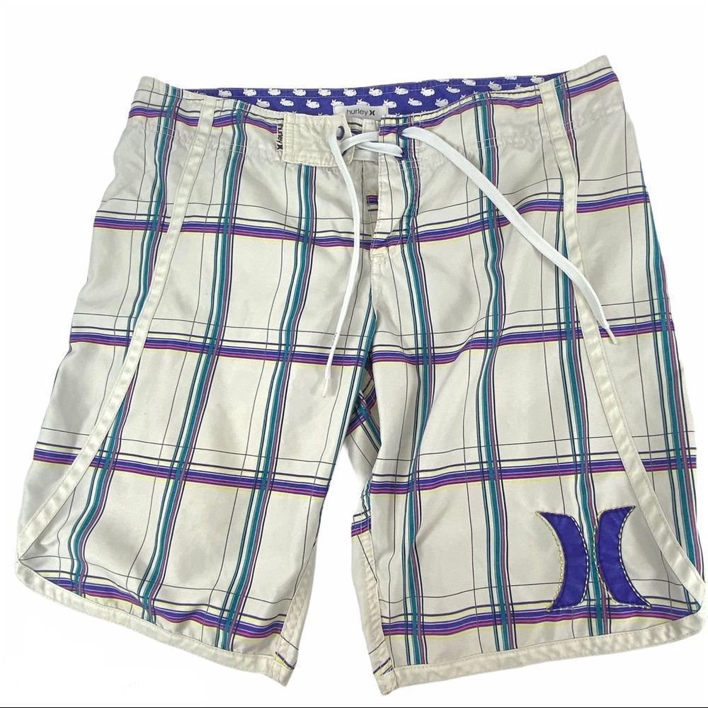 Hurley plaid board shorts white purple teal size 7